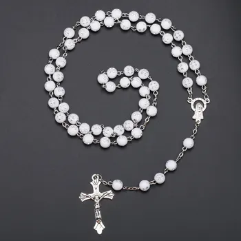 

White Rosary Beads Religious Catholic Rosary Necklace Five-Decade Rosary Prayer Jesus Crucifix Stars Mary Centerpiece