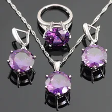 Ronda Creado Amethyst Púrpura de Plata Sistemas de La Joyería Para Las Mujeres de Color de Navidad Collar/Pendiente/Anillos/Pendientes Regalo caja