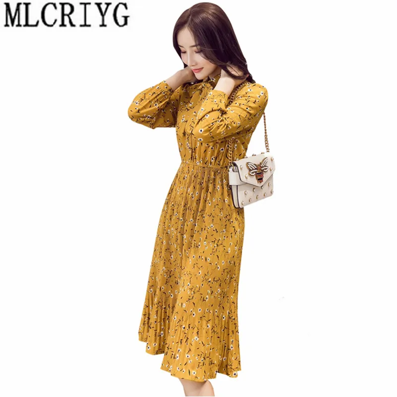 Korean Style Women Dress Floral Print Sweet Spring Summer Dress Female Pleated Dresses For Women
