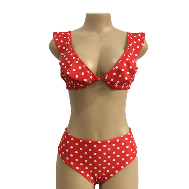 New Ruffled Dot Bikini Set Sexy Deep V Women Push Up Swimsuit 2018 Summer High Waist Bikini Brazilian Beach Wear Bathing Suit5