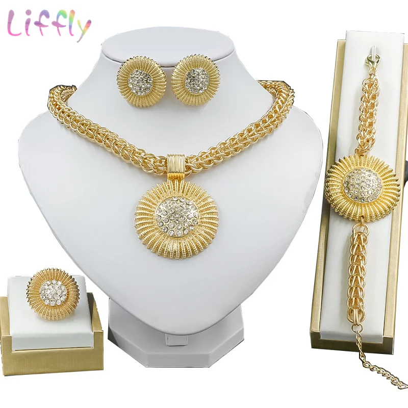 

Liffly Nigeria Jewelry Sets Thick Chain Round Crystal Necklace Earrings Ring Bracelet Dubai Gold Jewelry Sets Glamour Woman