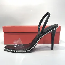 

Hanbaidi 2018 Rivet Sexy Pvc Transparent Sandals Women Peep Toe 9CM 7CM High Heel Shoes Women Party Shoes Runway Party Shoes 40