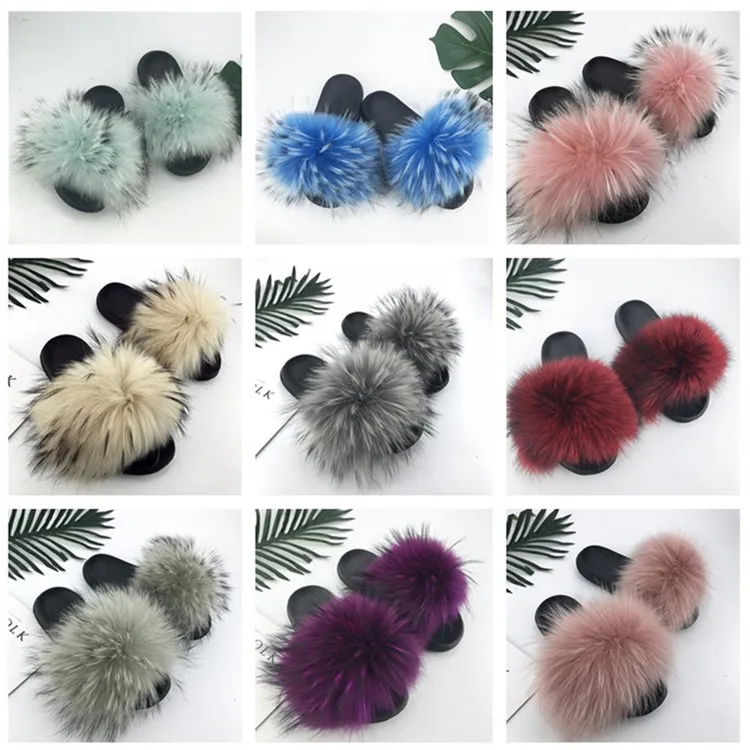 Real Raccoon Fur Slippers Women Sliders Casual Fox Hair Flat Fluffy Fashion Home Summer Big Size 45 Furry Flip Flops Shoes