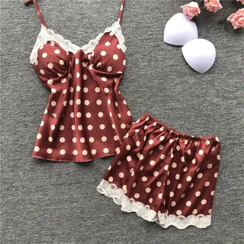 

Womens Sexy Satin Sling Lace Polka Dot Sleepwear Lingerie Nightwear Nightgown Pigiama Donna Pijamas Para As Mulheres Comfortable