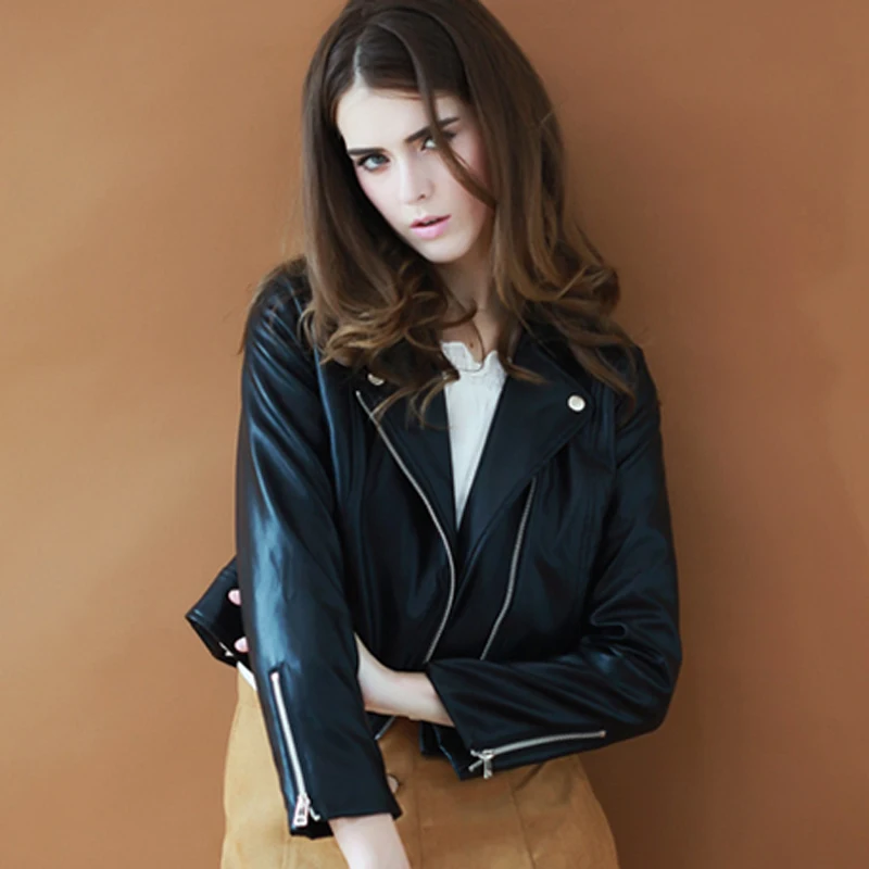 Avirex Leather Jacket Women Fashion Slim Turn down Collar