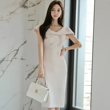 

Women V-Neck bodycon Sheath Knee-Length Beige Vestidos Double Breasted brief Sexy Dress