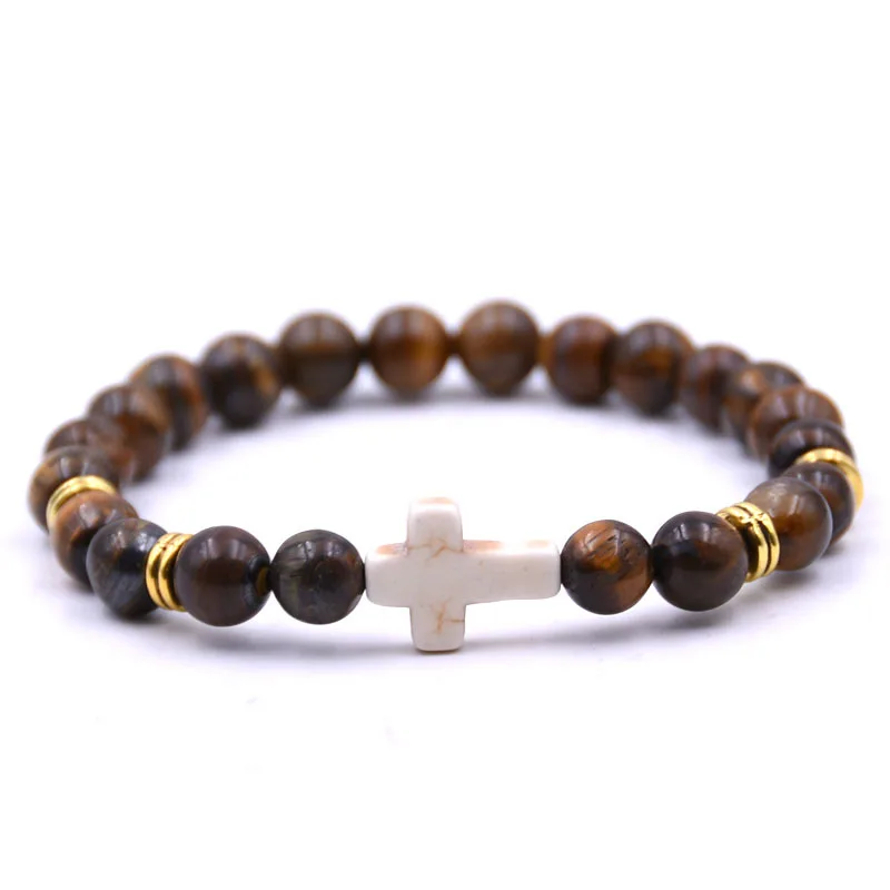 8 мм бусины натуральный камень браслеты для wo мужчин эластичность Йога Крест талисманы браслет мужские ювелирные изделия pulseiras - Окраска металла: 18