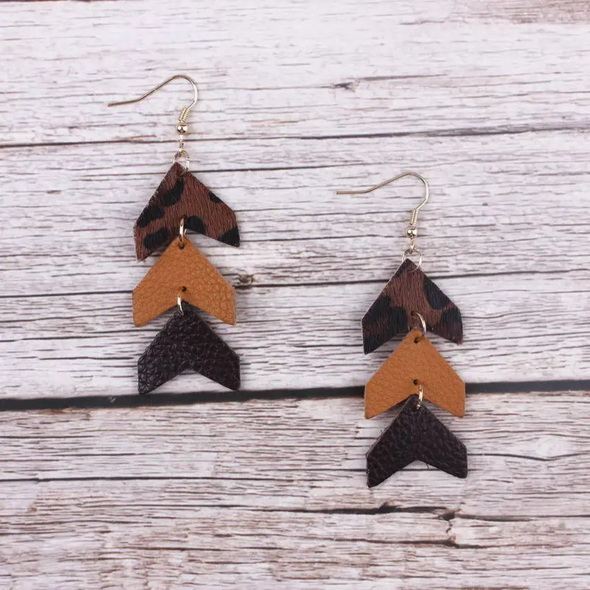 ZWPON Triple Tier Genuine Leather Chevron Earrings 2019 Geometric Leopard Arrow Leather Earrings Jewelry Wholesale