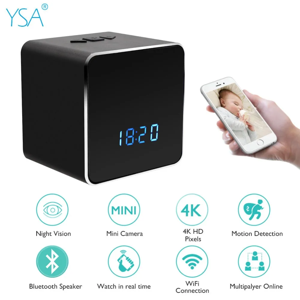 

1080P HD H.264 Wireless Wifi Table Clock Remotely Portable Mini IP Camera Motion Detection Alarm Night Vision Bluetooth Speaker