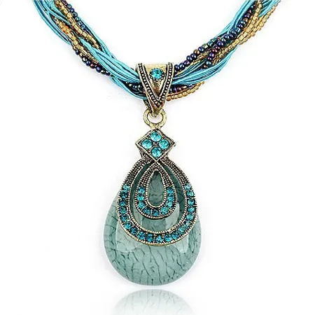 

Ethnic Mediterranean Bohemian Style Retro Vintage Beads Hollow Flower Crystal Rhinestone Water Drop Necklaces Pendants for Women