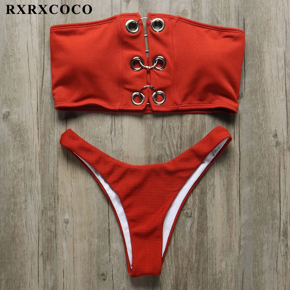 RXRXCOCO, сексуальное металлическое бикини с кольцами,, купальник для женщин, бандо, без бретелек, высокая талия, бикини, набор, купальник, пуш-ап, пляжная одежда, бикини