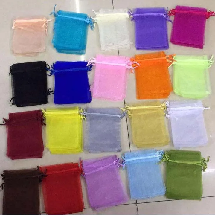 

100 шт./лот, 7x9, 9x12, 10x12, 10x15 см, однотонные сумки из органзы на шнурке, рождественские свадебные подарочные пакеты, мешочки для конфет, ювелирных изделий
