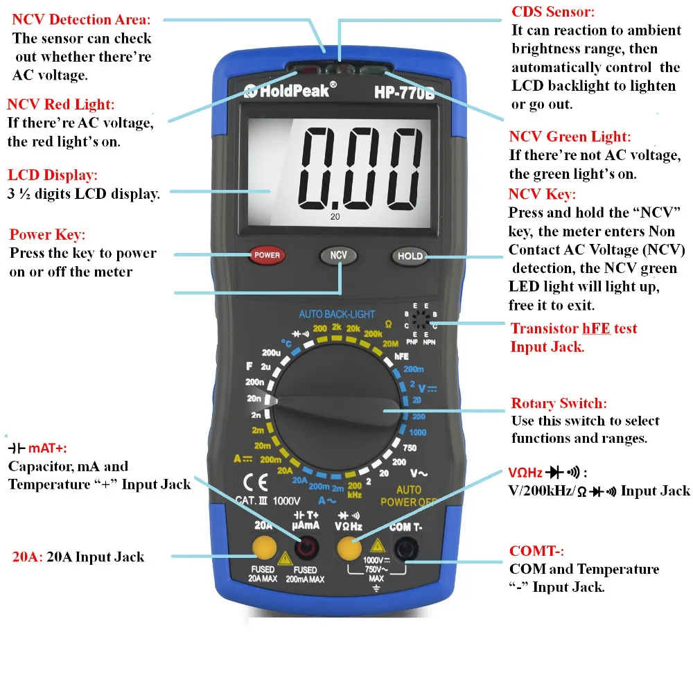Multimetro HoldPeak HP 770B NCV Цифровой мультиметр характеристика и частота/Dide/hFE Тест|multimeter