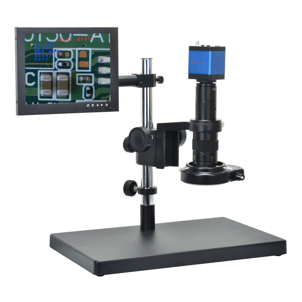 2.0MP HDMI Industry Digital Video Microscope Camera + 180X C-mount Lens + 8 inch Monitor + Big Boom Stand Holder + 144 LED Light