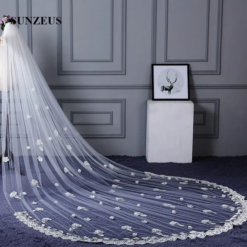Borde de encaje con flores hechas a mano largo de boda velos de novia Catedral de velo complementos novia SBV27 Borde de encaje con flores hechas a mano largo de boda velos de novia Catedral de velo complementos novia SBV27