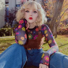 Для женщин Harajuku футболка сезон: весна-лето цветочный принт Черная сетка Водолазка с длинным рукавом укороченный Топ Мода Графический футболк