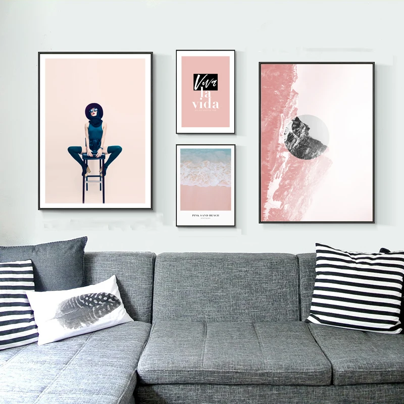

Nordic Poster Sea Canvas Painting Landscape Art Home Decor Qoute Canvas Painting Girl Pink Wall Art Pictures For Living Room