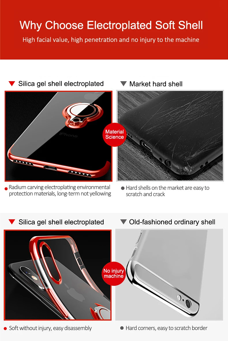 Iphone 7 Case Iphone Xs Max Case X  6 8 6S Plus Diamond Transparent Clear Electroplate TPU Finger Ring Case Luxury Back CoverDescription: