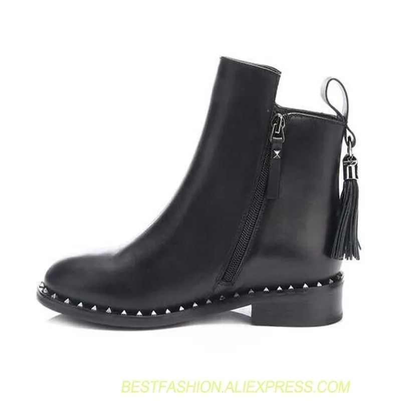 black leather ankle boots female round head rivet women's shoes tassel boots women's thick with fashion  flat  Martin  boots