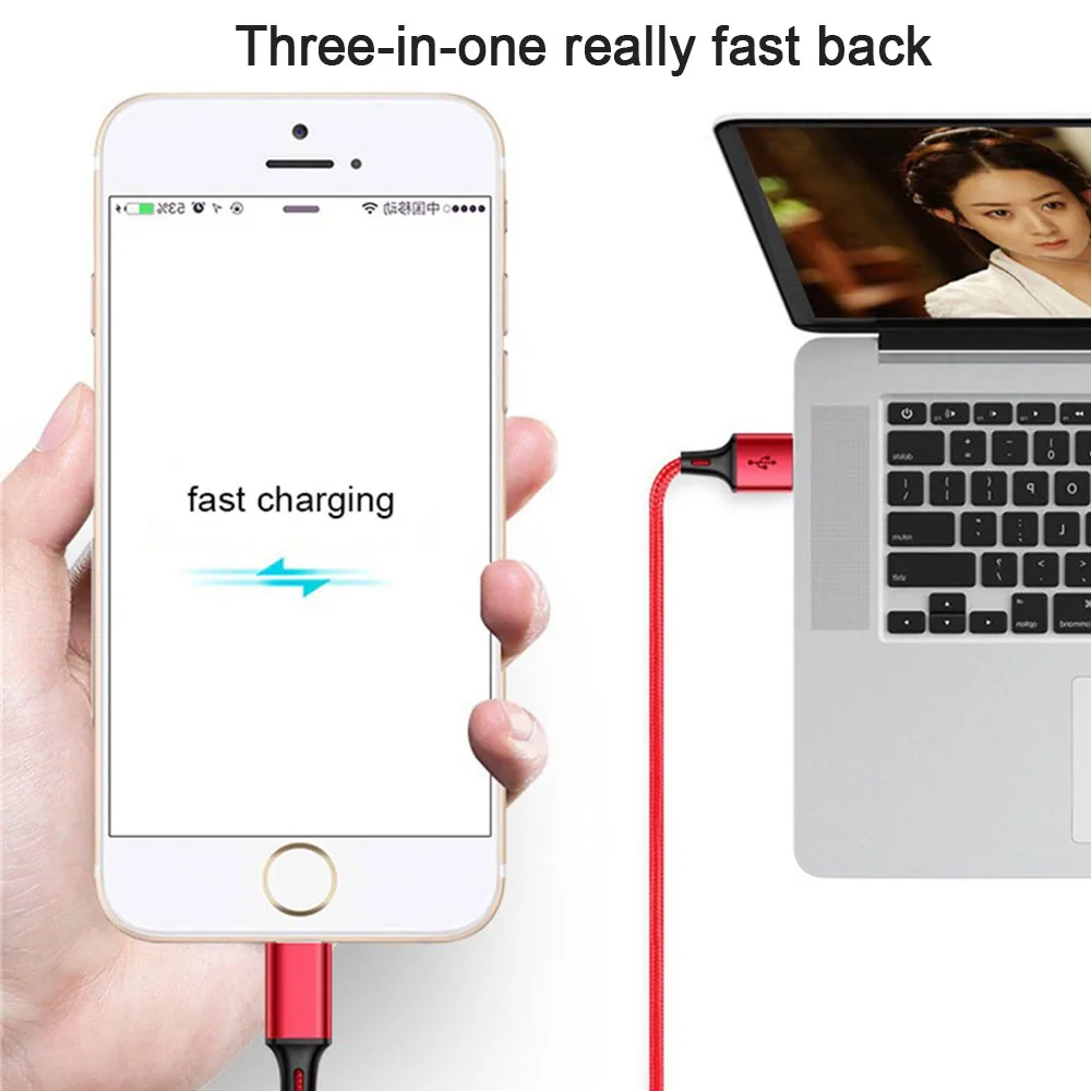 Зарядный кабель Lighting Micro usb type C для samsung Xiaomi huawei IPhone 7 8 6 S Plus X XS нейлон 3 в 1 зарядного
