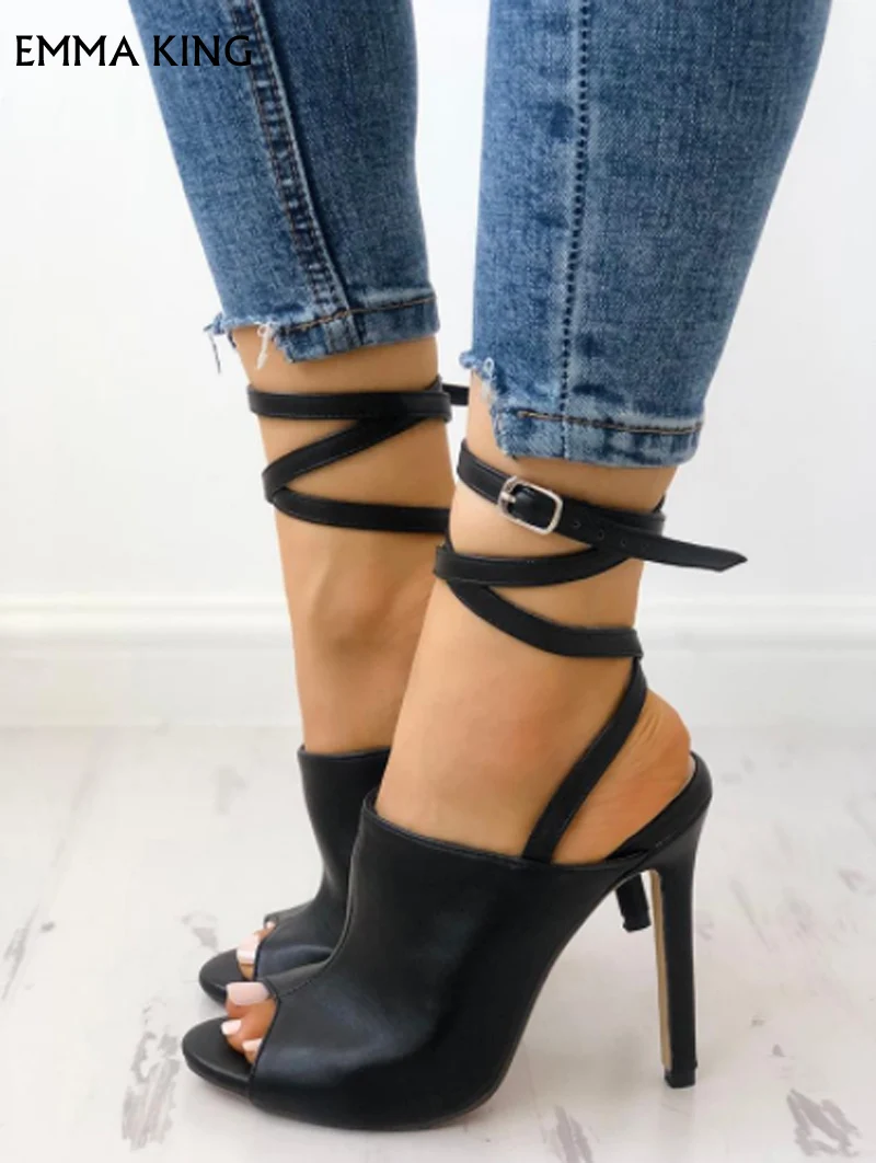 

Strappy Fish Mouth Heeled Sandals Summer Sexy Sandalias Mujer Plus Size Free Shipping Cocktail & Party PU Fashion Shoes Woman