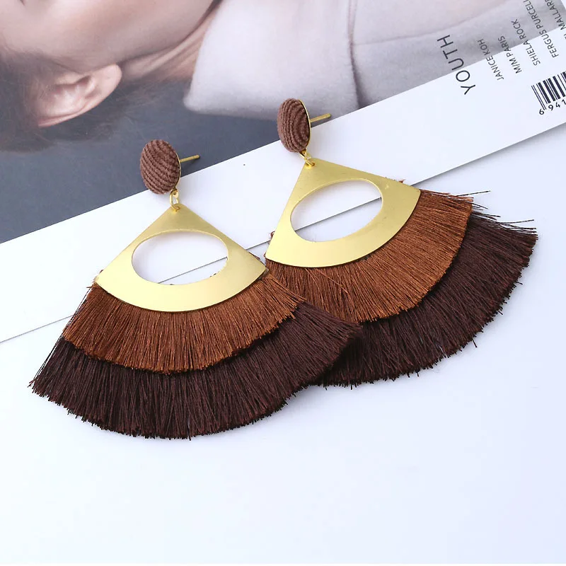 

New Design Sector Shape Metal Cotton thread Drop Earrings Exaggerated Modern Bohemian Big Fashionable European style Earrings