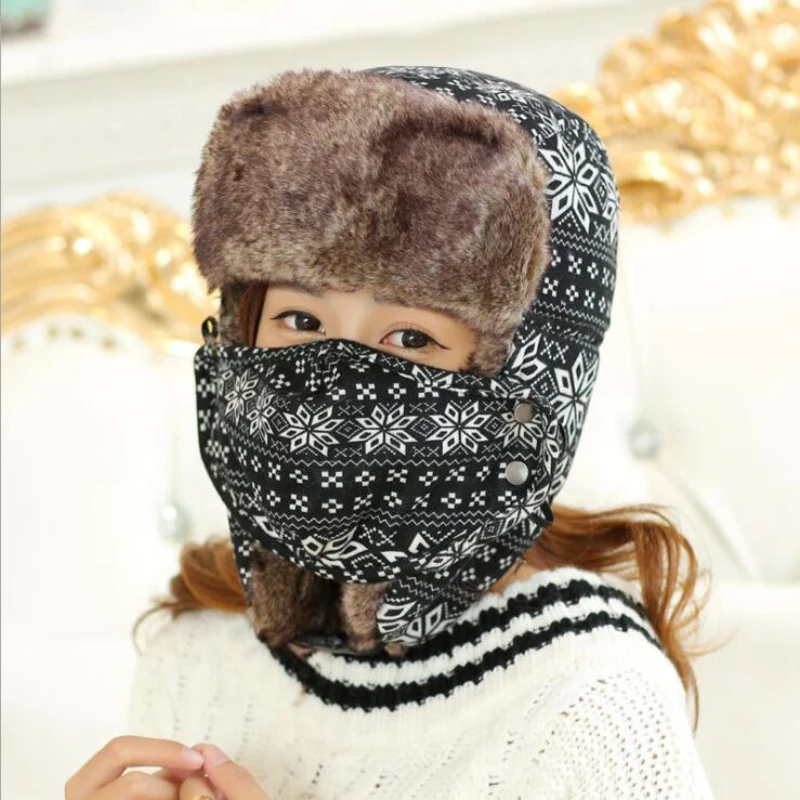 HT534 Winter Mask Bomber font b Hat b font Snow Flowers Russian Ushanka font b Hat