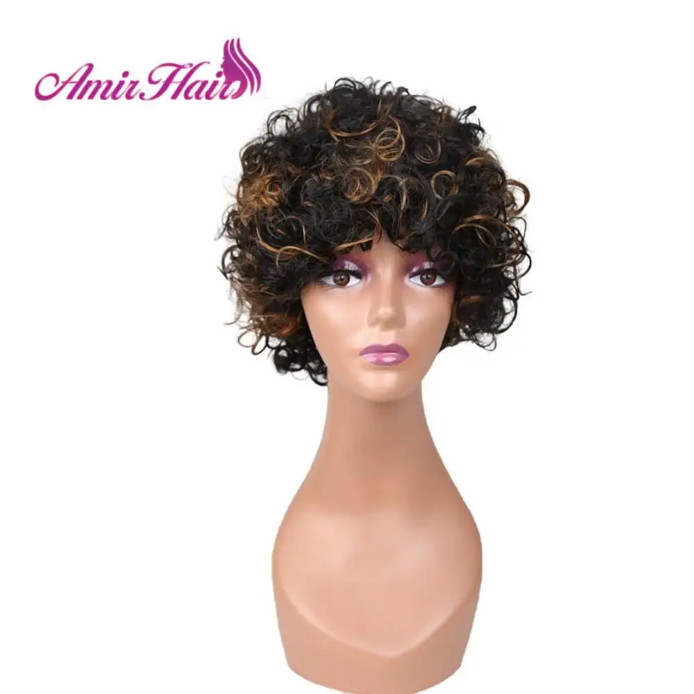 

Amir Kinky Curly Afro Synthetic Wig Short lengthen With Bangs for Women Ombre Black Mix brown Fluffy wigs Heat Resistant Hairs