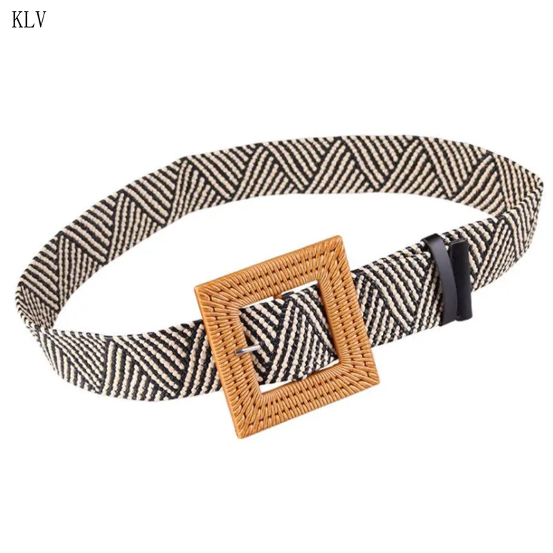 Striped Women Bohemian Vintage Braided Waist Belt Handmade Knitted Woven Wax Rope Adjustable Square Buckle Decorative Wide Waistband - Цвет: Striped