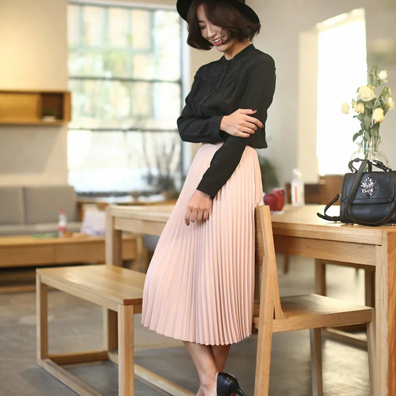 Весенне-осенняя Новая модная женская однотонная плиссированная юбка средней длины с высокой талией, эластичная юбка, акция, женская, черная, розовая