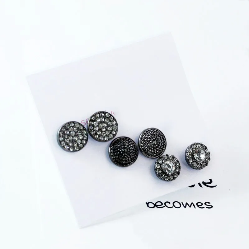 3 Pairs Women Black Crystal Round Stud Earrings Set for Women Punk