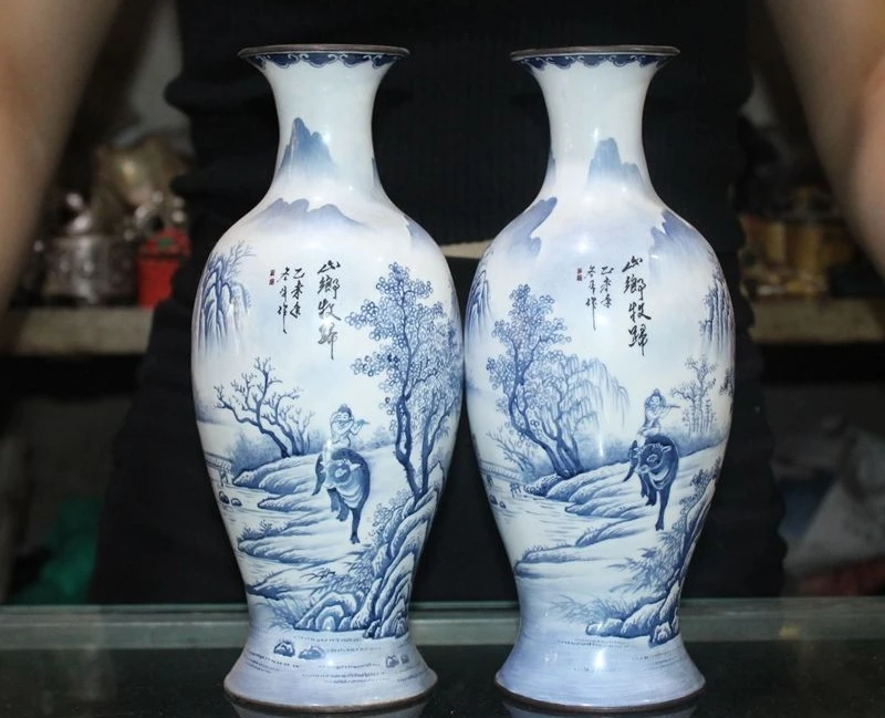

marked old chinese bronze Cloisonne landscape tree man jar pot bottle Vase Pair