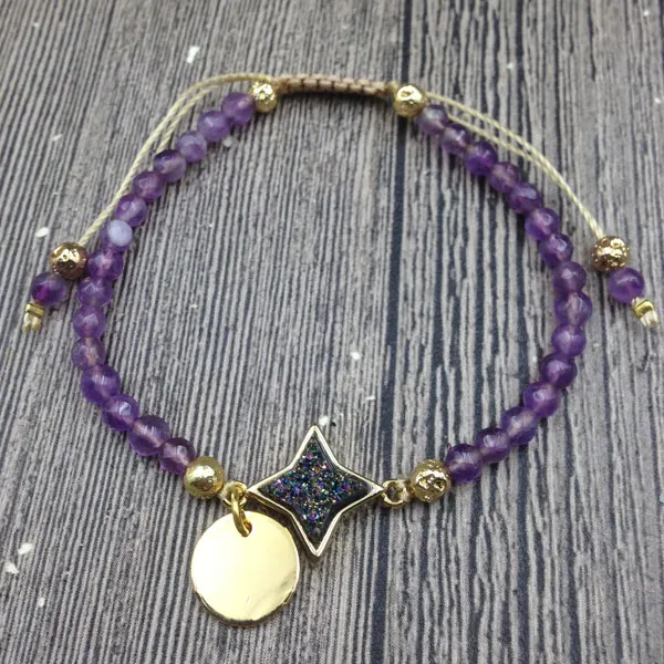 

YA3053 Druzy Stone Gold Charm Amethysts Beads Knot Cord Adjustable Bracelet