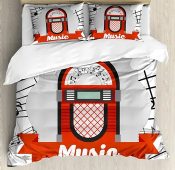 

Jukebox Duvet Cover Set , Old Vintage Music Radio Box Cartoon Image with Notes Artwork Print, 4 Piece Bedding Set
