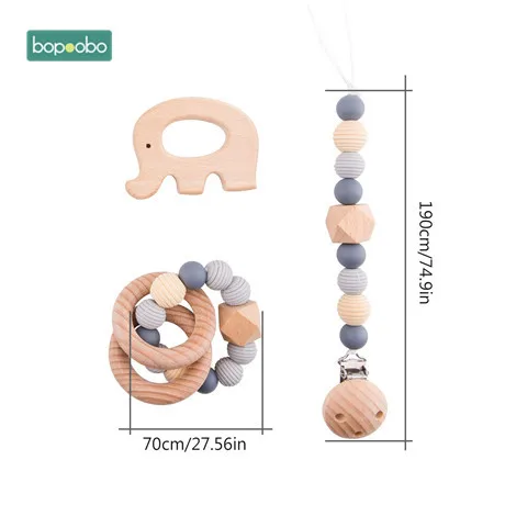 Bopoobo 3Pc/Set Silicone Beads Baby Teether Necklace Round Wooden Beads Pendant For Nursing Pacifier Chain Clips Baby Products - Цвет: Elephant set