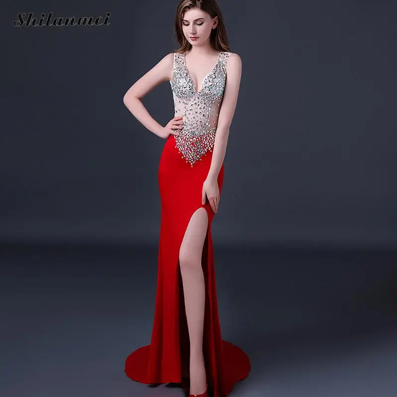 Woman Bling Crystal Sexy Deep V Backless Evening Party Dress Floor ...