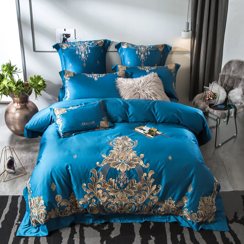 

Luxury Blue Embroidery 6 Color Designs 60S Egyptian Cotton Bedding Set Duvet Cover Bed sheet Pillowcases Queen King Size 4PCS