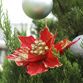 1pcs Glitter Artificial Gold Flower Xmas Fake Silk Simulation Flower Wedding Party Decoration Poinsettia Christmas Tree Ornament