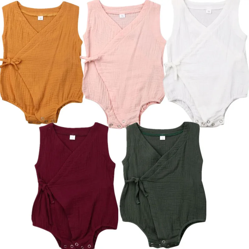 

baby bodysuit Newborn Infant Baby Girls Clothes Sleeveless V-Neck Sleeveless Bodysuits Cotton Linen Outfit