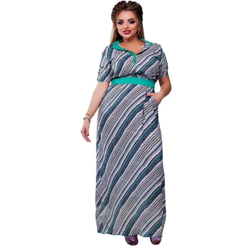 

Big size 6XL 2018Autumn Fat MM Woman Dress Loose short sleeve stripe patchwork long dresses plus size women clothing 6xl dress