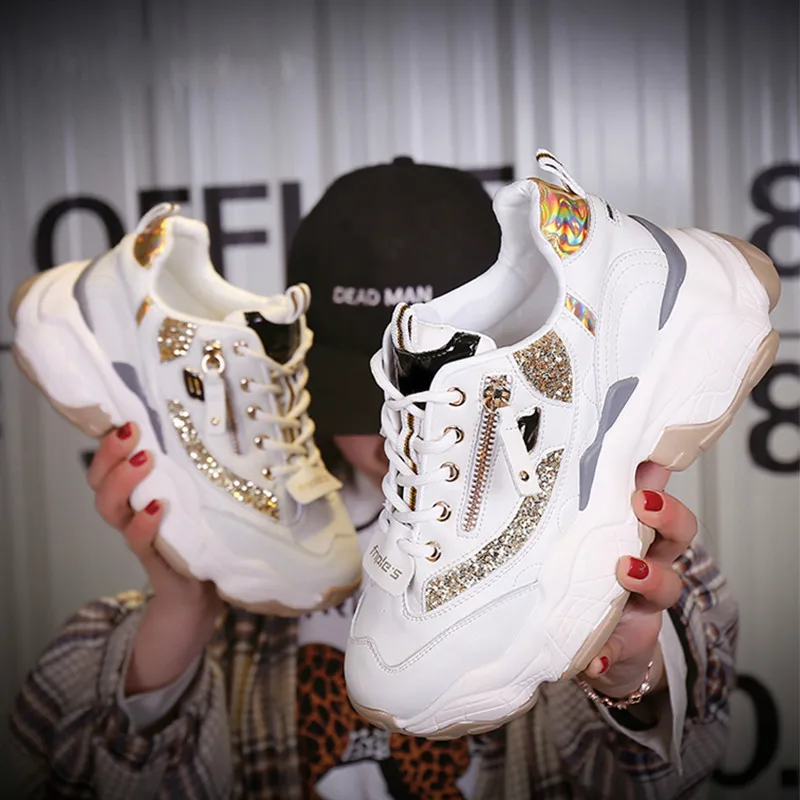 

Ladies Glitter Chunky Sneakers Platform 2019 Casual White dames Sneakers Women Shoes Trainers basket chaussure femme A1-06
