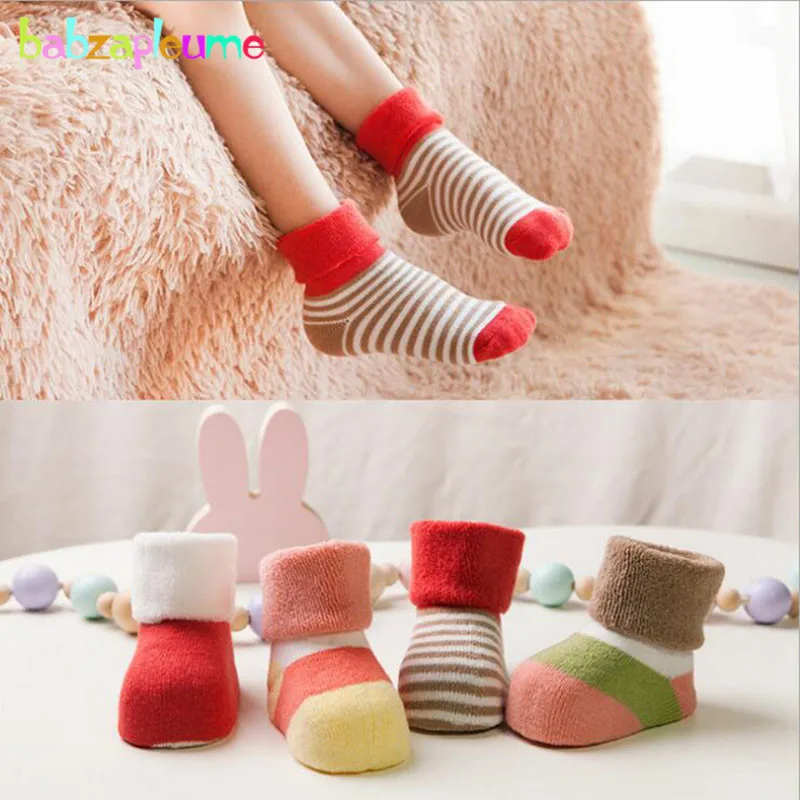 

4PCS/2018 Autumn Winter Newborn Baby Boys Girls Stripe Cotton Antislip Socks For Children Sneakers Warm Kids Sport Sokken BC1294
