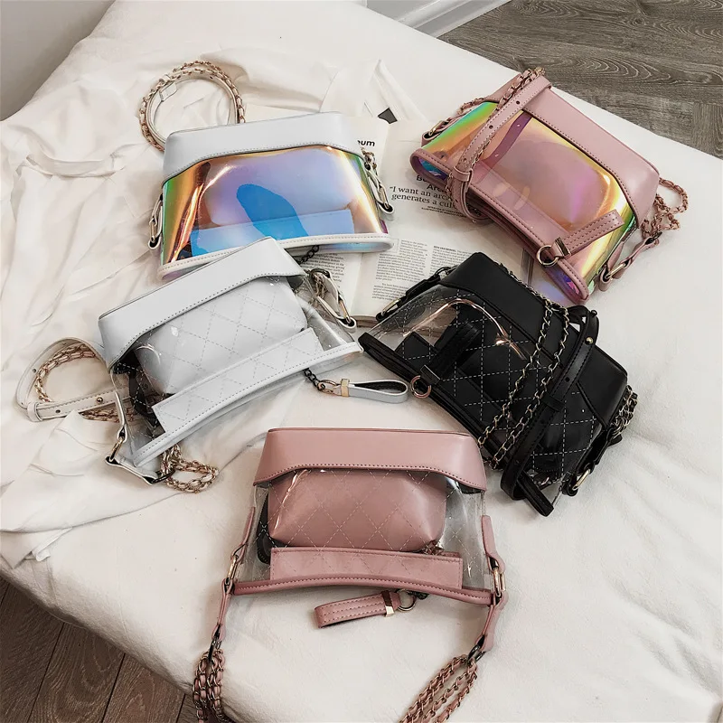 

2019 Laser Transparent Women Flap PU Leather Shoulder Bags Fashion Zipper Luxury Designer Clear Handbags Cross-body Bags Summer