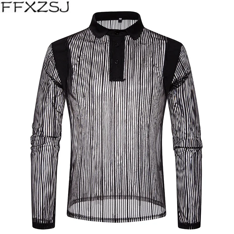 FFXZSJ Осенняя новая однотонная прозрачная модная мужская футболка с длинными рукавами, облегающая Сексуальная Красная черная футболка-поло Hommes Топы И Футболки