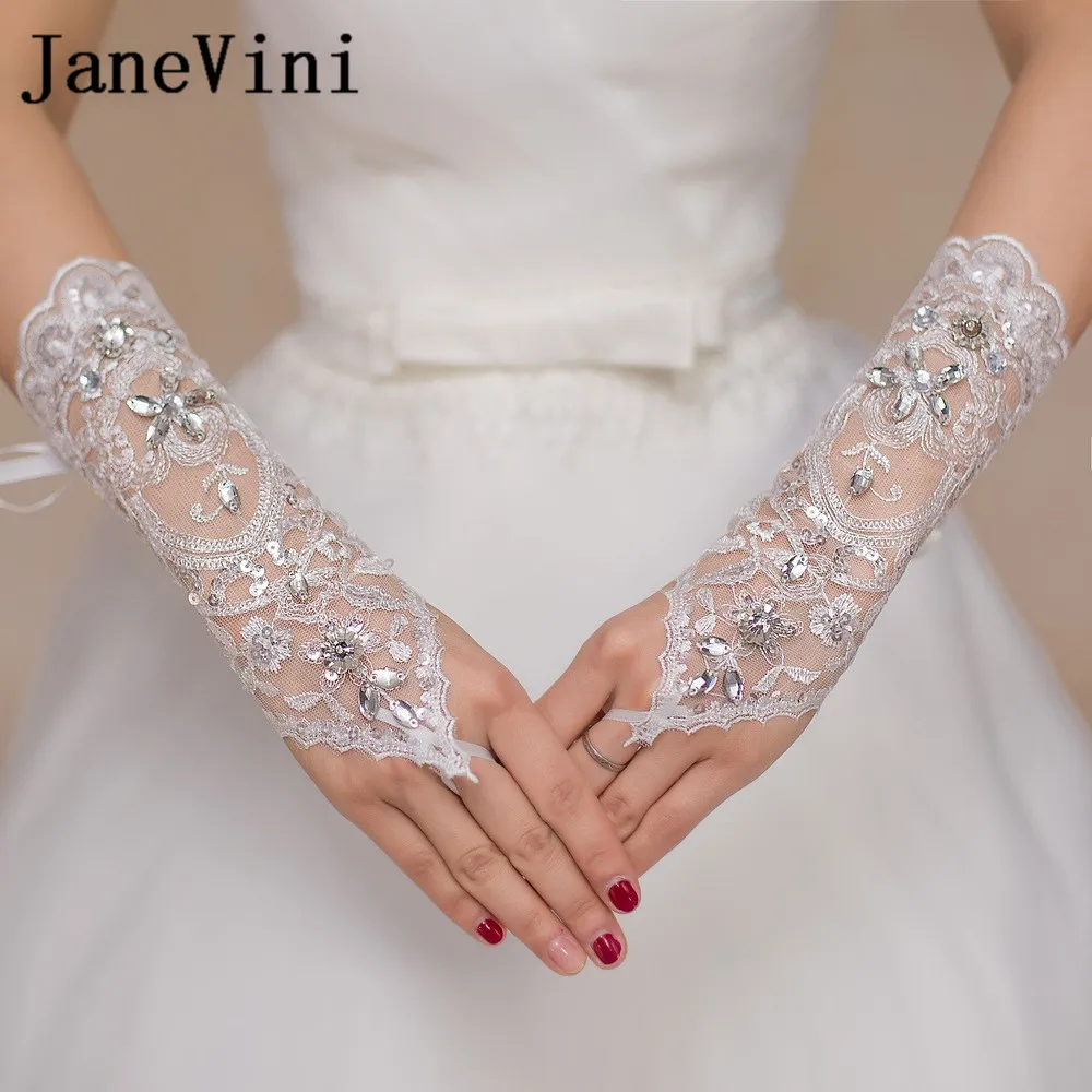 JaneVini White/Ivory Bridal Gloves Popular Bride Wedding Dress Fingerless Gloves Lace Beads Short Gloves Gants Femme Mariage