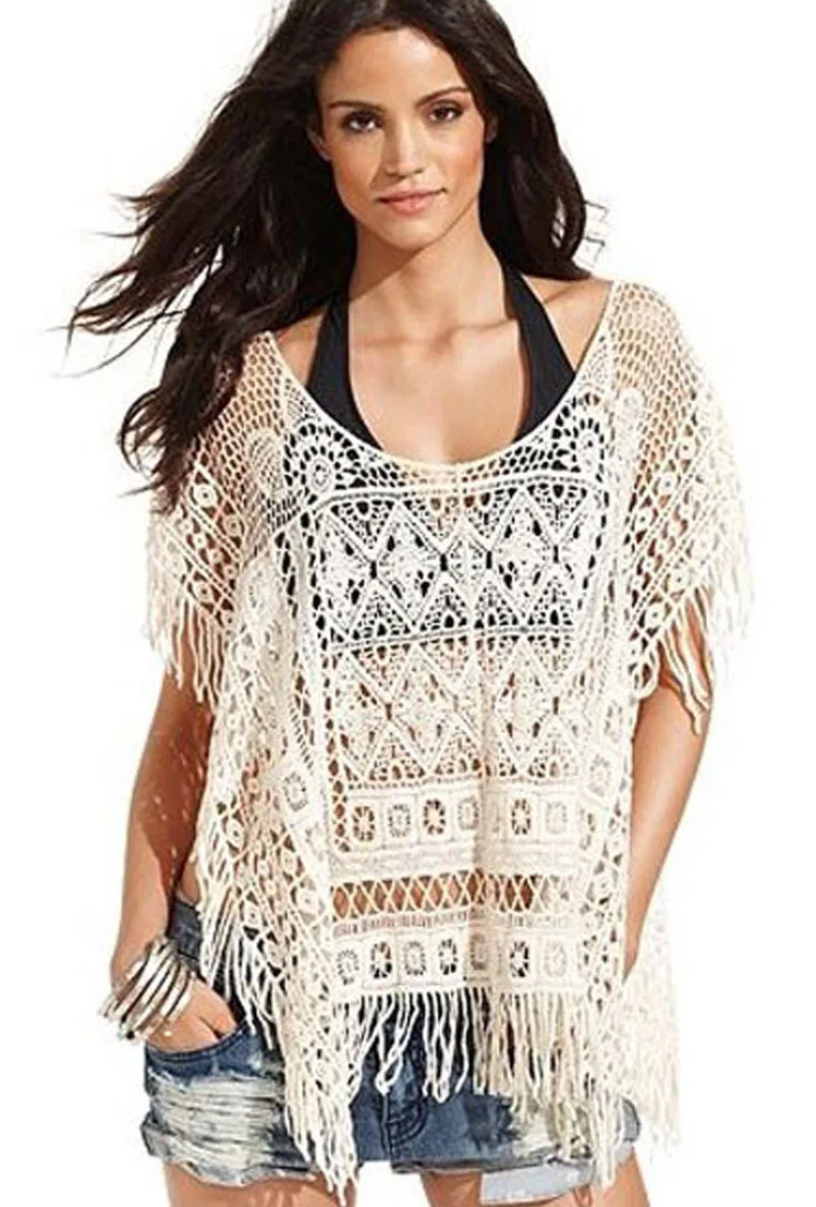 new arrival woman fashion 2015 beach cover ups tassel guipir crochet