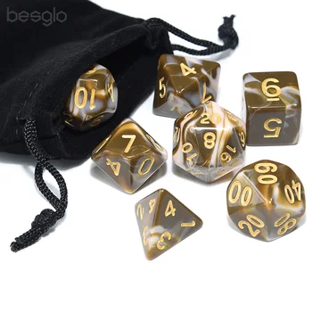 

New Double Color Coffee & Milky White Polyhedral Dice with Velvet Pouch D4 D6 D10 D% D12 D20 for DnD RPG Education Teaching Game