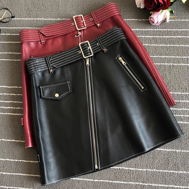 

Chic women's high quality real leather Skirts Fashion high-waist belt mini Skirts A600