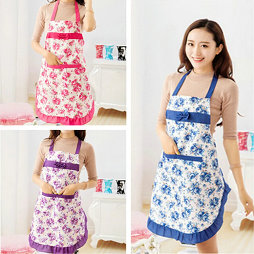 

New 2019 Fashion Convenient Women Waterproof Housewife Kitchen Waist Aprons Sleeveless Checked Jeanette Floral Apron With Pocket
