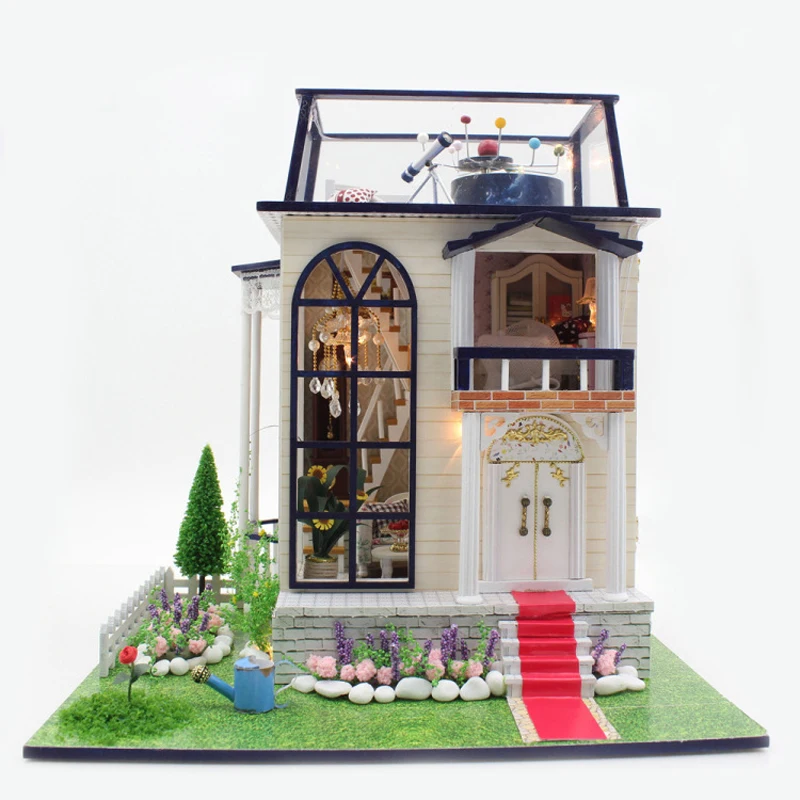 

Intellectual Development DIY DollHouse Casa Miniature With Furniture LED Light Wooden Doll House Model Toy For Children 13837 #E